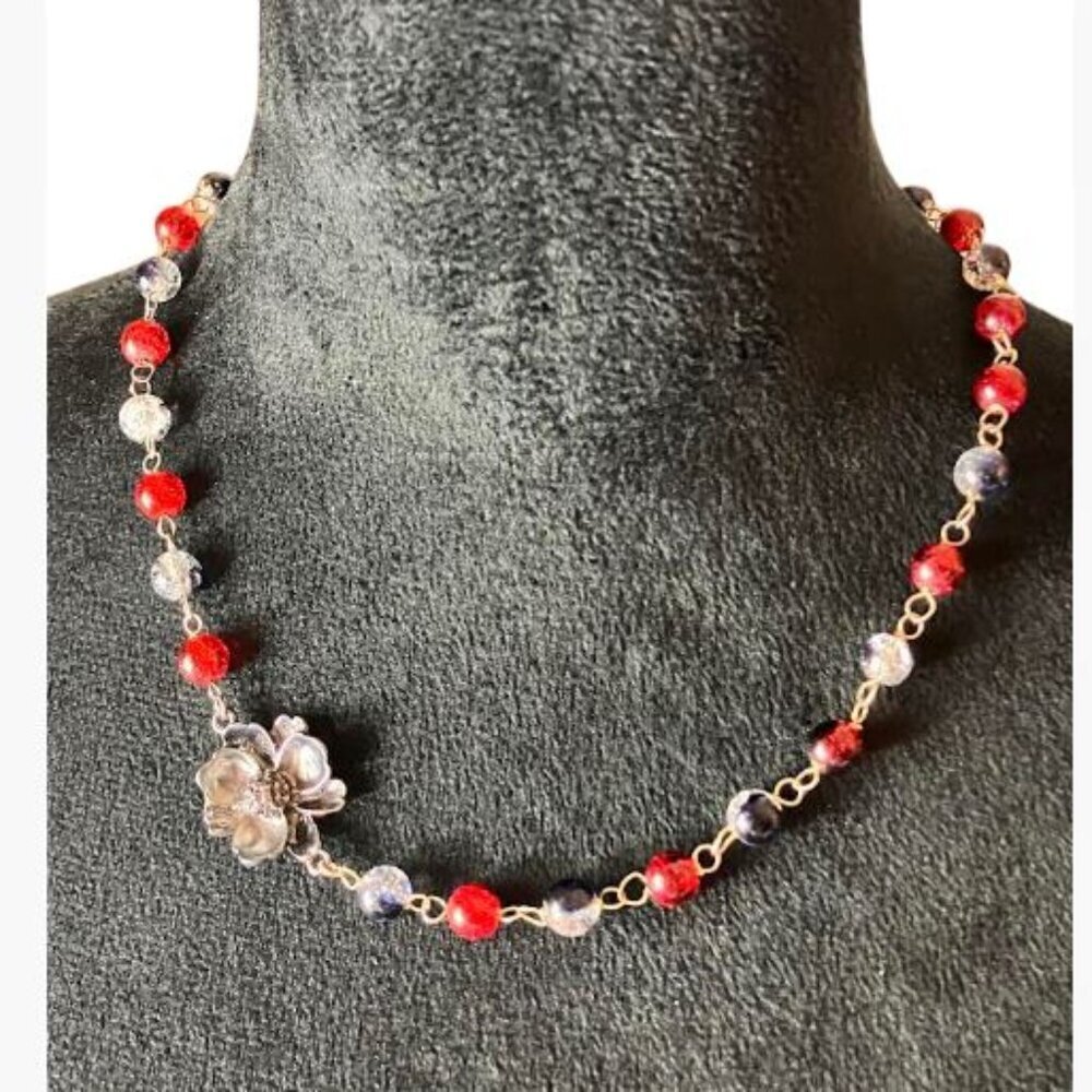 Handcrafted Tri-Color Glass Beads w/Gunmetal Floral Accent 20" Necklace